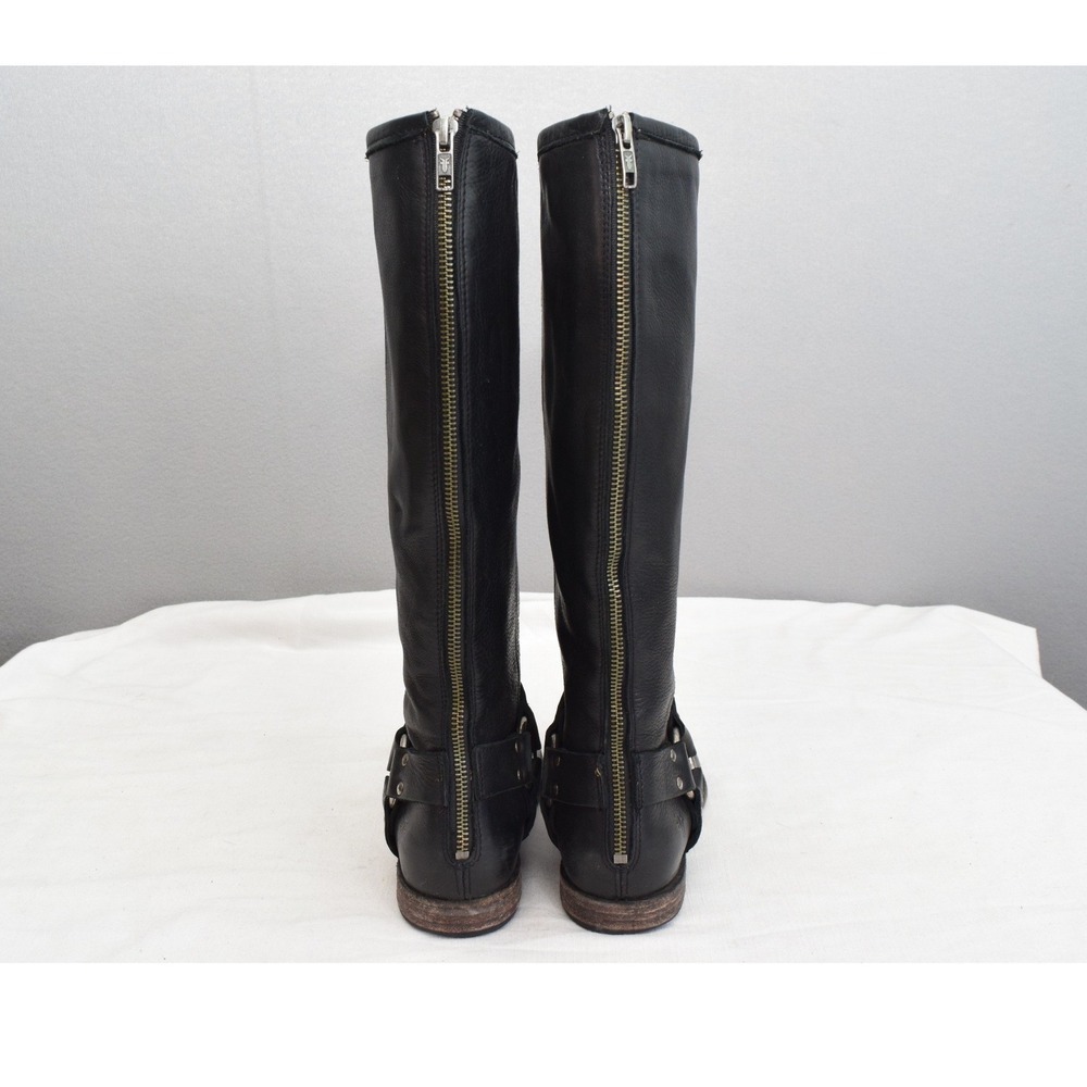 Frye Phillip Harness Tall Boots 7.5 Black Leather Back Zip Moto Women 76850 - Picture 3 of 8
